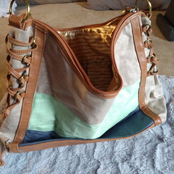 Twiggy London Shoulder Bag Cotton/Linen Vegan Leather Blue Green Beige *FLAWS* - Picture 4 of 16